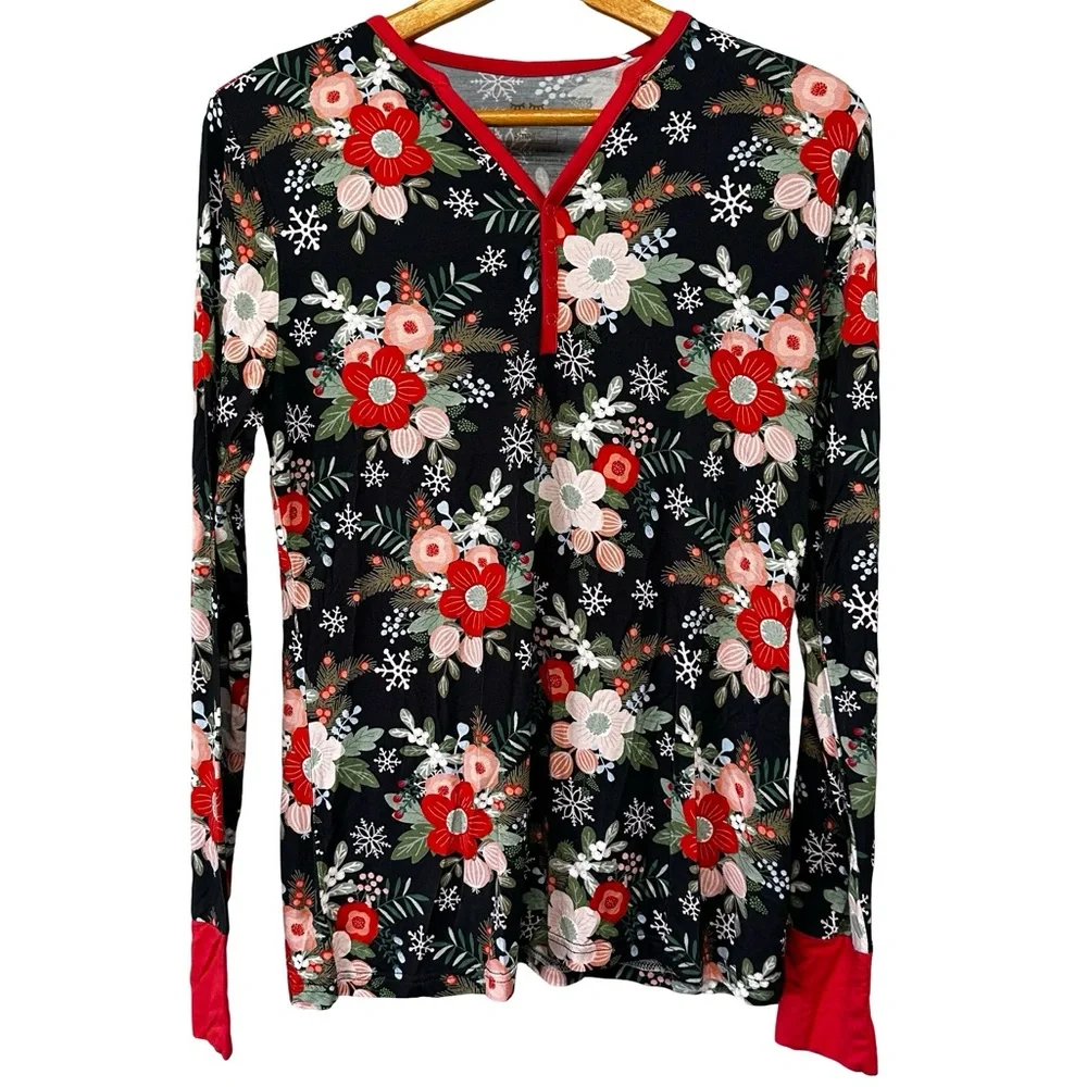 NEW Little Sleepies Poinsettia Floral Bamboo Pajama Top Small Long Sleeve - Picture 1 of 10